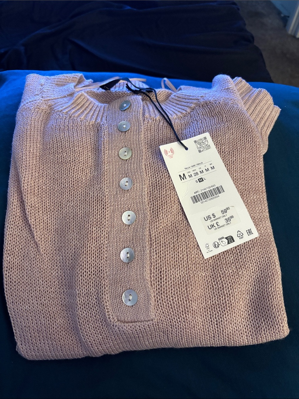 Zara Dusty Rose Button-Front Crew Neck Sweater